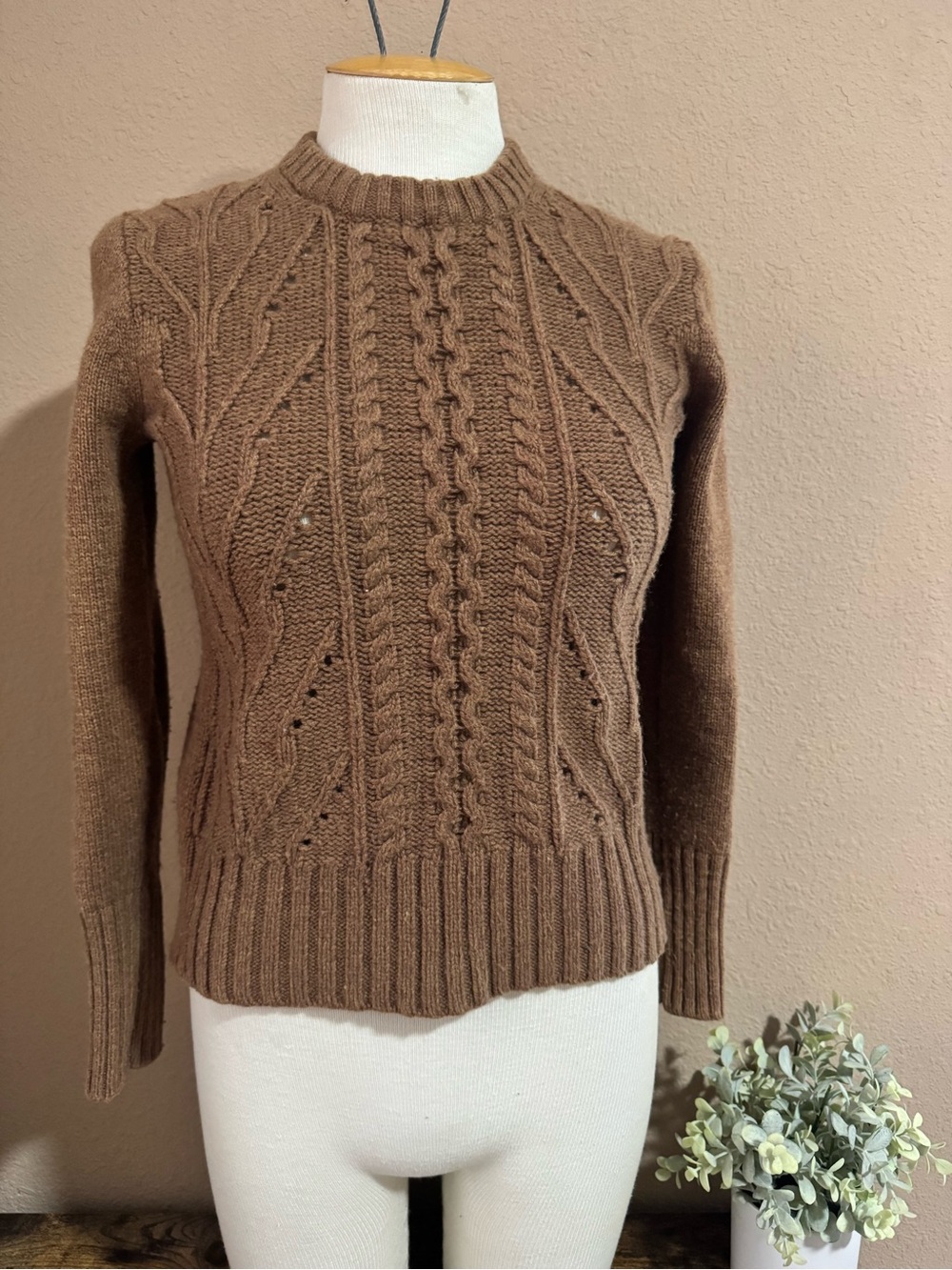 J. Crew Lambs Wool Blend Brown Cable-Knit Crewneck Sweater